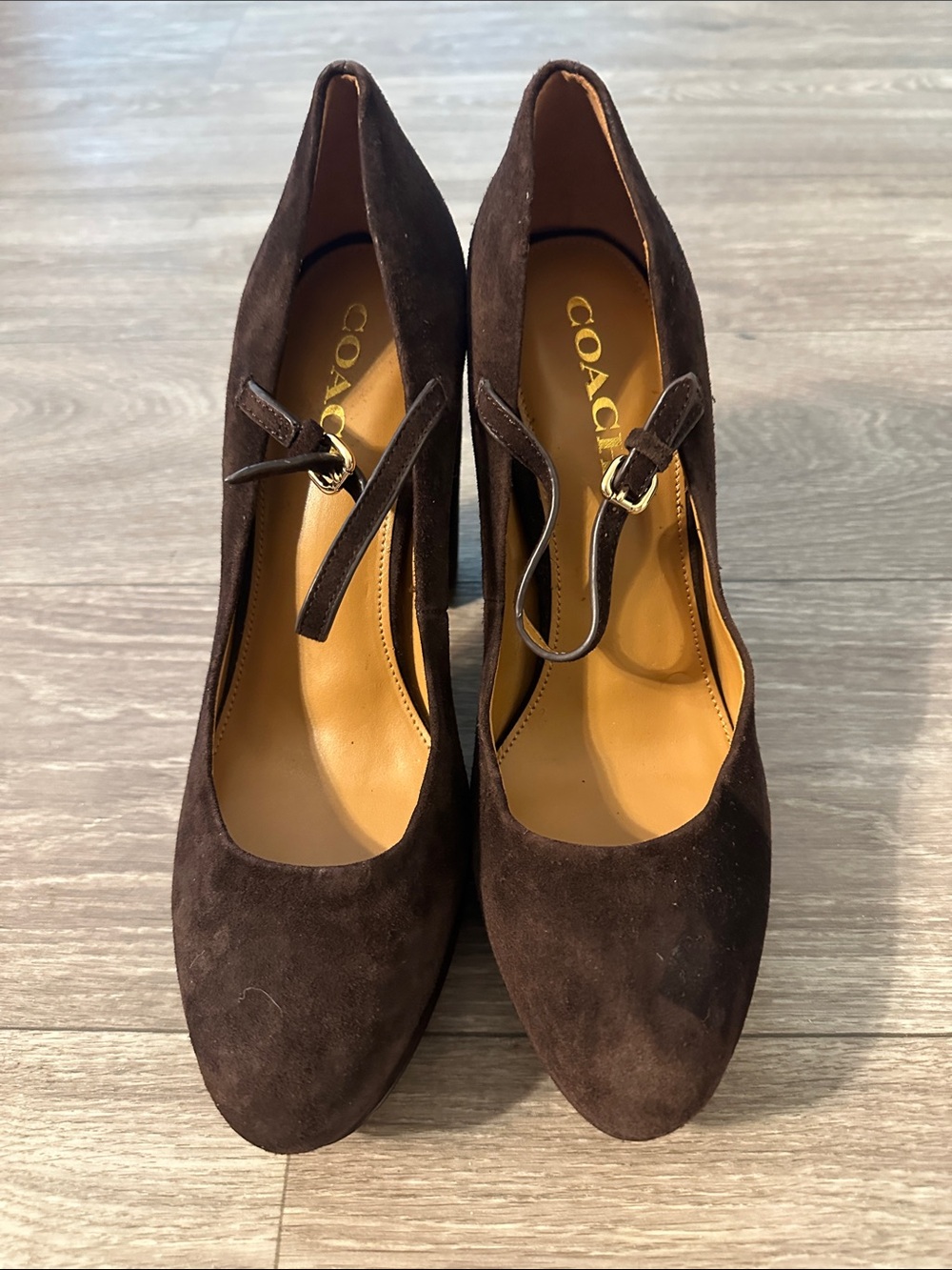 Coach Dark Brown Suede Ankle-Strap Platforms